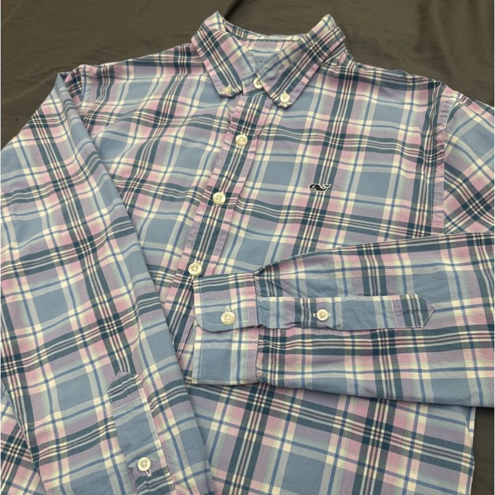 Vineyard Vines Whale Shirt Mens L Blue Pink Plaid Button Down Cotton